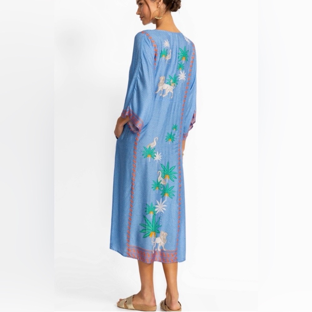 Johnny Was Paolita Avery Kaftan Cerce’s Ocean Lion Palm Tree Print Small Blue - Picture 2 of 6